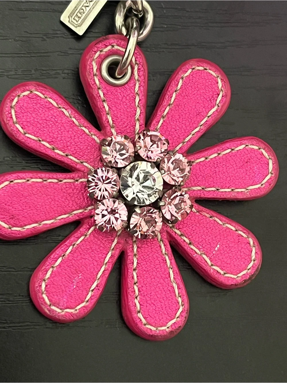 COACH Pink Metallic Leather Flower Keychain Charm with Crystal Embellishments